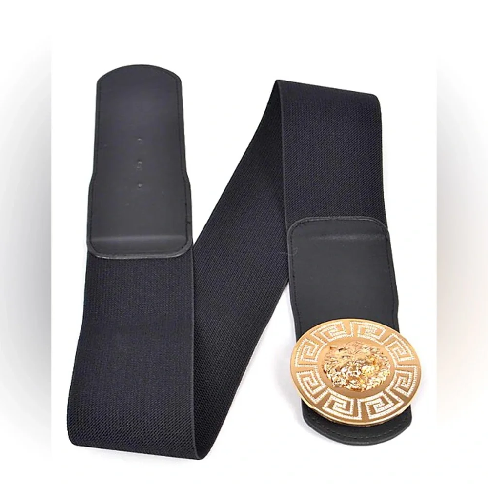 Gold Lion Medallion Large Buckle Stretch Statement Belt
